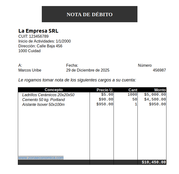 Ejemplos de Nota de Débito | ZonaEconomica