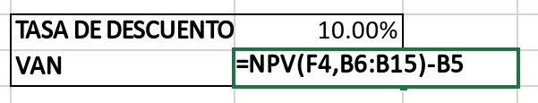 Calcular el VAN con Excel - Paso 2 - Fórmula del VAN
